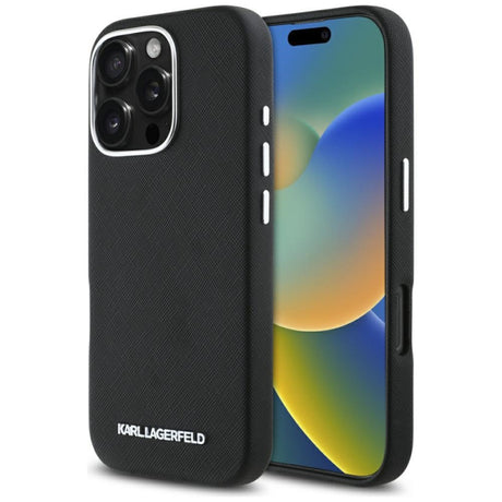 Husa MagSafe pentru Apple iPhone 16 Pro, Karl Lagerfeld, Saffiano Full Wrapped Elongated Metal Logo