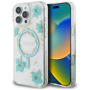 Husa MagSafe pentru Apple iPhone 16 Pro Max, Guess, Resin Flowers and Glitte