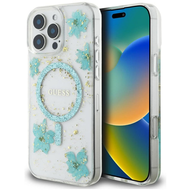 Husa MagSafe pentru Apple iPhone 16 Pro Max, Guess, Resin Flowers and Glitte