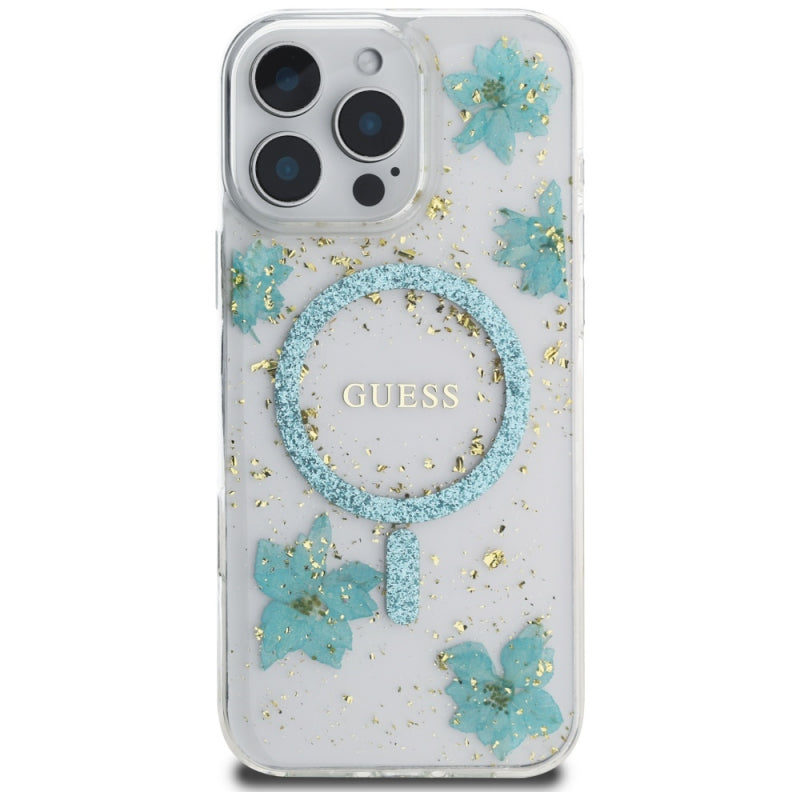 Husa MagSafe pentru Apple iPhone 16 Pro Max, Guess, Resin Flowers and Glitte