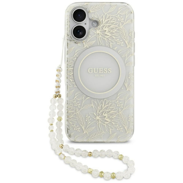 Husa MagSafe pentru Apple iPhone 17, Guess, IML Flowers with Pearl Strap