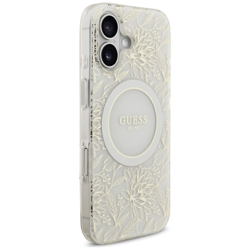 Husa MagSafe pentru Apple iPhone 17, Guess, IML Flowers with Pearl Strap