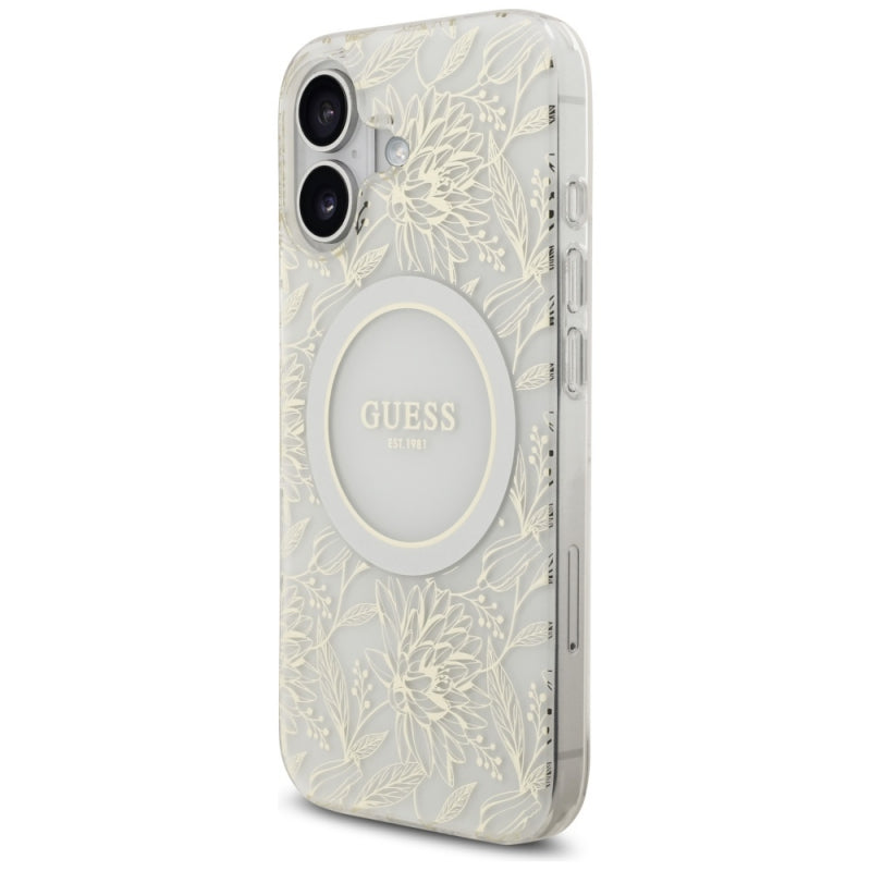 Husa MagSafe pentru Apple iPhone 17, Guess, IML Flowers with Pearl Strap