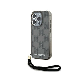 Husa pentru Apple iPhone 15 Pro Max, Karl Lagerfeld, IML Luxury Monogram KL Pattern with Strap - Neagra - NotebookGsm