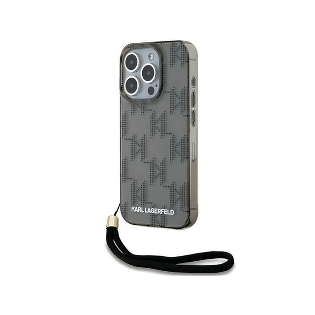 Husa pentru Apple iPhone 15 Pro Max, Karl Lagerfeld, IML Luxury Monogram KL Pattern with Strap - Neagra - NotebookGsm
