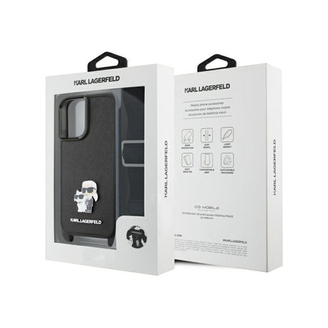 Husa pentru Apple iPhone 16, Karl Lagerfeld, Saffiano Crossbody Metal Pin Karl &amp; Choupette - Alba - NotebookGsm