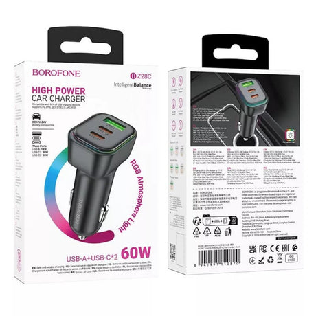 Borofone BZ28C Trophie autós töltő, 60W, 3A, 1 db USB-A, 2 db USB-C