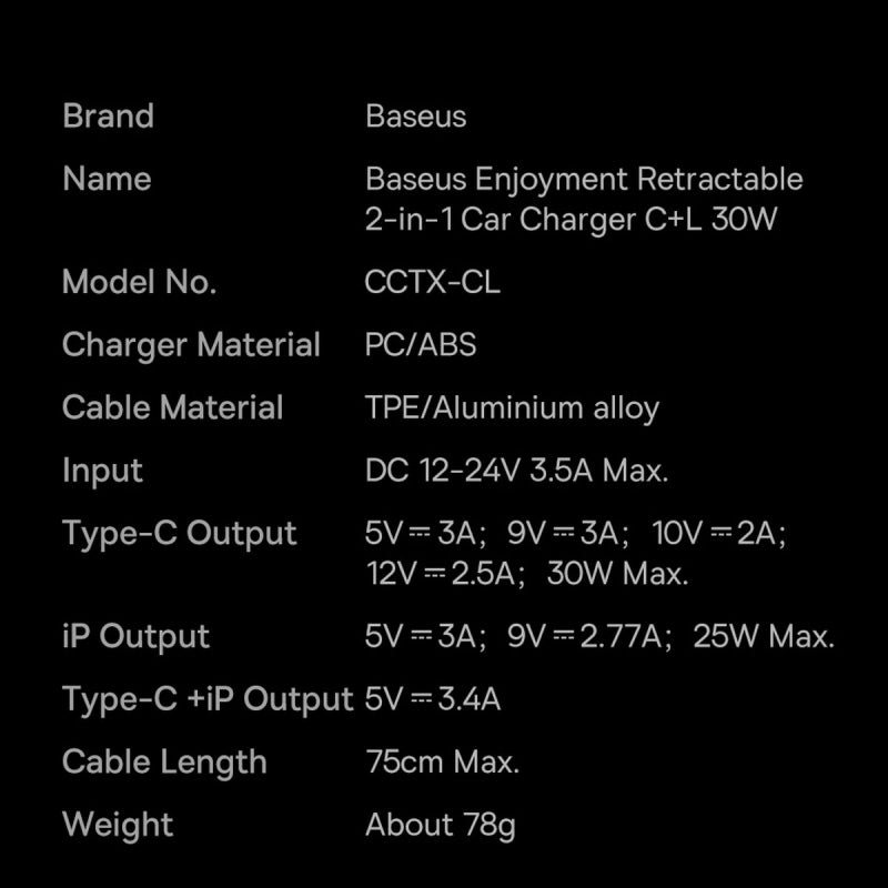 Incarcator Auto cu Fir USB-C - Lightning Baseus Enjoyment, 30W, 3A