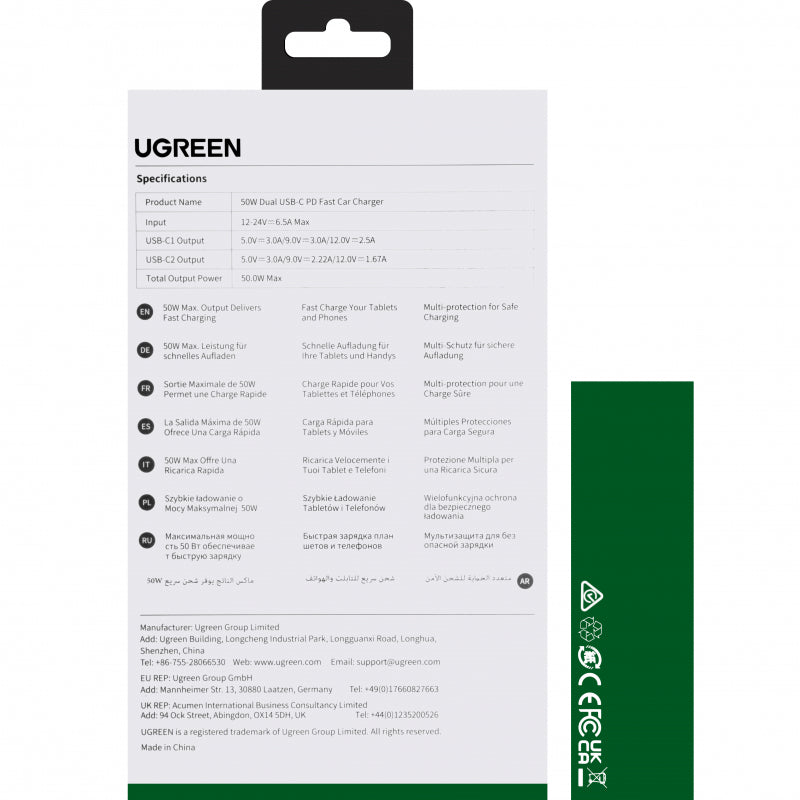 Incarcator Auto UGREEN CD213, 36W, 3A, 2 x USB-C