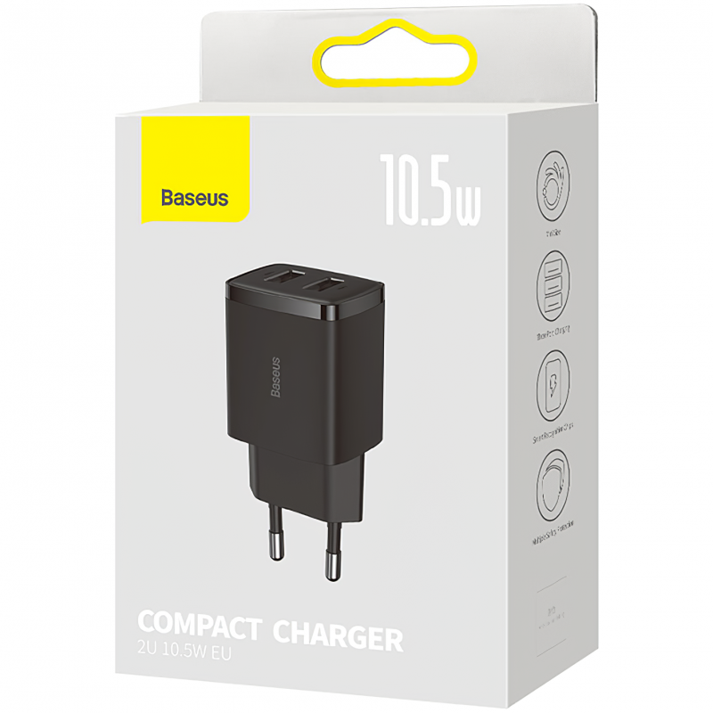 Incarcator Retea Baseus Compact, 10.5W, 2.1A, 2 x USB-A, Negru CCXJ010201