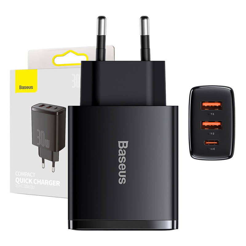 Incarcator Retea Baseus Compact, 30W, 3A, 1 x USB-C - 2 x USB-A, Negru CCXJ-E01