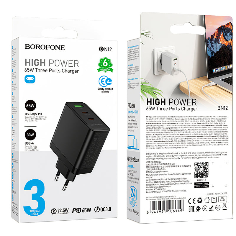 Incarcator Retea Borofone BN12, 65W, 5A, 1 x USB-A - 2 x USB-C