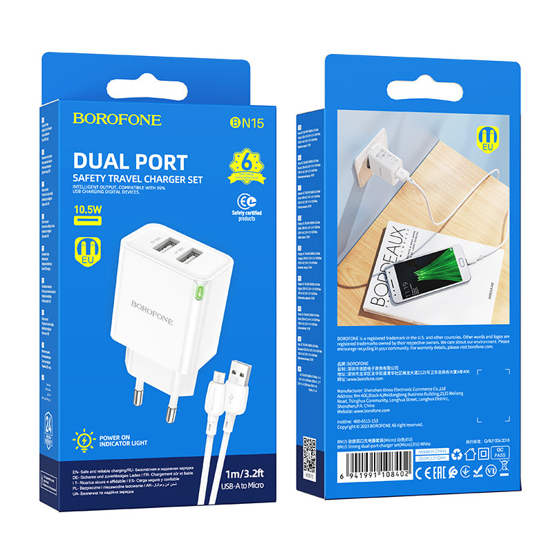 Incarcator Retea Cu Cablu microUSB Borofone BN15 Strong, 10.5W, 2.1A, 2 x USB-