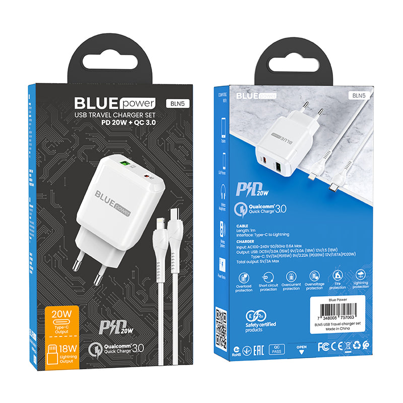 Incarcator Retea cu Cablu Lightning BLUE Power BLN5, 20W, 3A, 1 x USB-A - 1 x USB-C