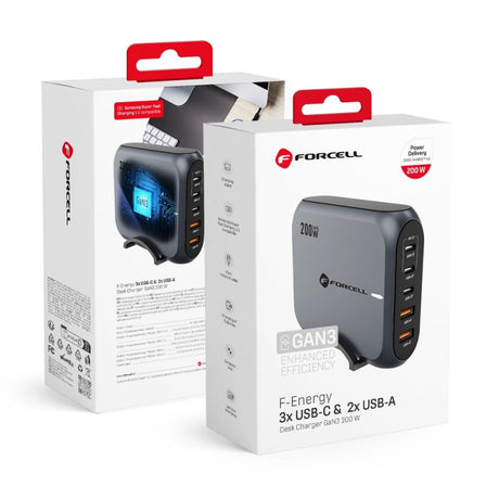 Forcell F-ENERGY GaN III VT-51 hálózati adapter, 200W, 5A, 2 x USB-A - 3 x USB-C