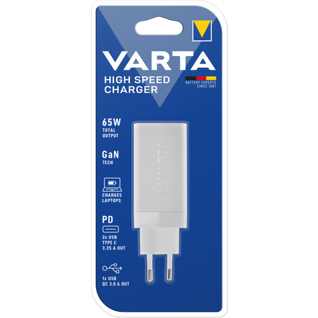 Incarcator Retea Varta GaN, 65W, 3.25A, 1 x USB-A - 2 x USB-C, Alb 57956101401