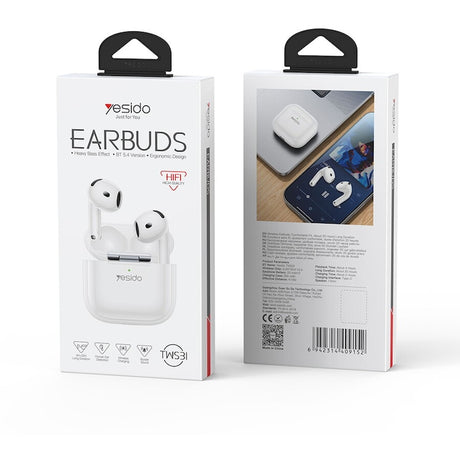 Yesido TWS31 vezeték nélküli fejhallgató, Bluetooth 5.4, fehér, fülbe helyezhető, 4 órás akkumulátor-üzemidő 