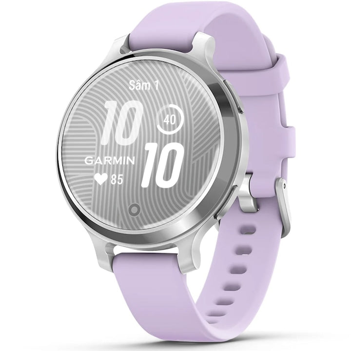 Garmin Lily 2 Active okosóra, 38mm, GPS, szilikon szíj, ezüst/lila jázmin
