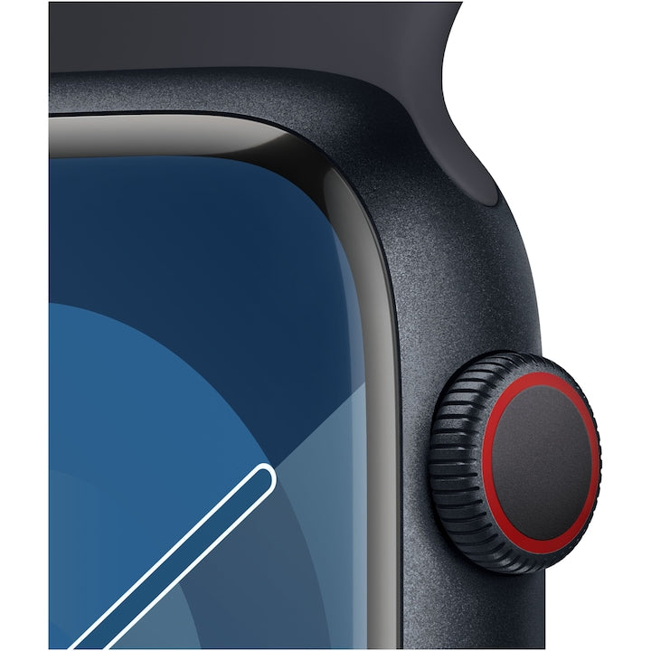 Apple Watch Series 9 GPS + Cellular, 45mm Midnight Aluminium Case, Midnight Sport Band S/M (Fekete)