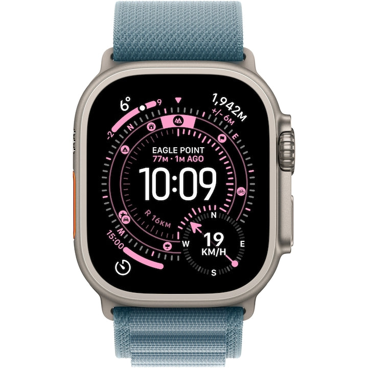 Apple Watch Ultra 3, GPS, Cellular, természetes titánium tok, 49 mm, kék/világoskék Trail Loop - M/L