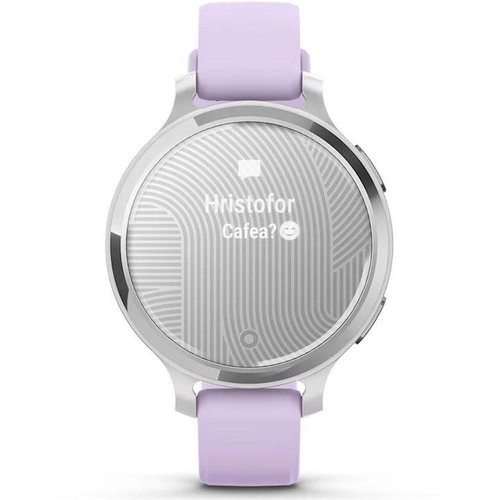 Garmin Lily 2 Active okosóra, 38mm, GPS, szilikon szíj, ezüst/lila jázmin