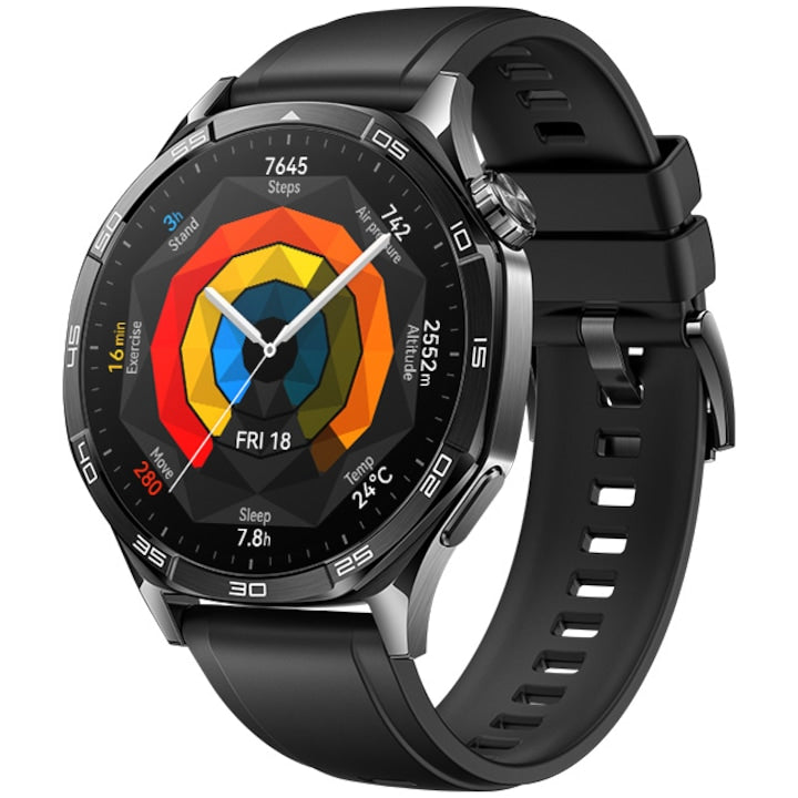 Huawei Watch GT 5, 46MM, Rozsdamentes acéltok, Deep Tarnish, Fekete Fluoroelasztomer szíj