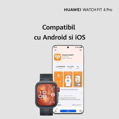 HUAWEI Watch Fit 4 Pro okosóra, fekete testtel és fekete fluorelasztomer szíjjal