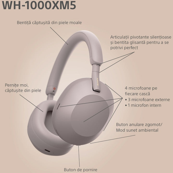 Sony WH-1000XM5P vezeték nélküli fülhallgató, Noise Cancelling, Bluetooth 5.2, Smoky Pink