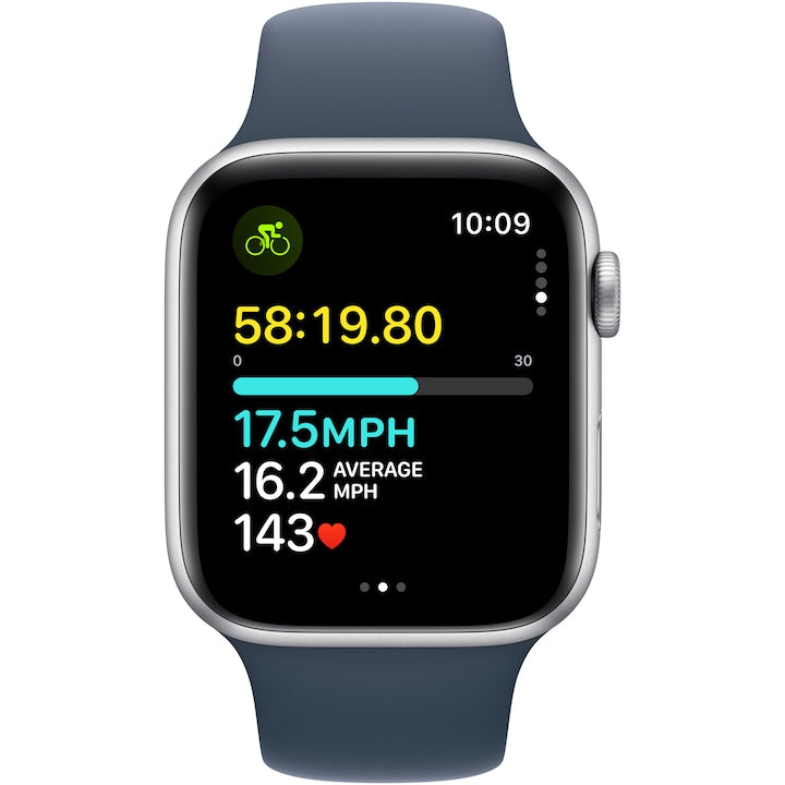 Apple Watch SE (2023), GPS, Carcasa Silver Aluminium 44mm, Storm Blue Sport Band - S/M