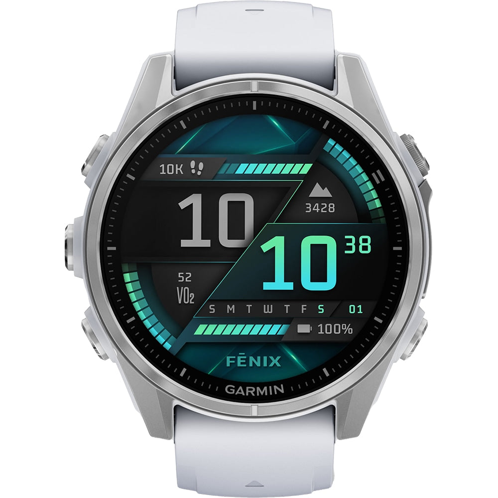 Garmin fenix 8, 43mm, AMOLED, Glass, Otel inoxidabil, Silver, Whitestone Silicone Band - Smartwatch multisport